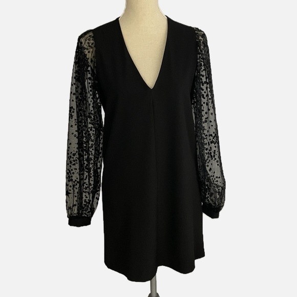 Imperial Mini Dress Deep V-Neckline Puff Mesh Long Sleeves Black Size Small - Picture 1 of 12